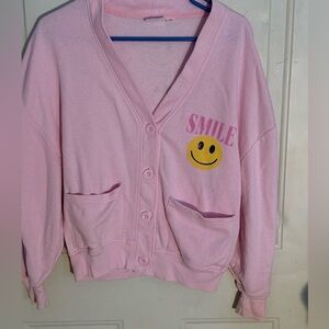 Smile Graphic Pink Cardigan XS Smiley Face Button Sweater